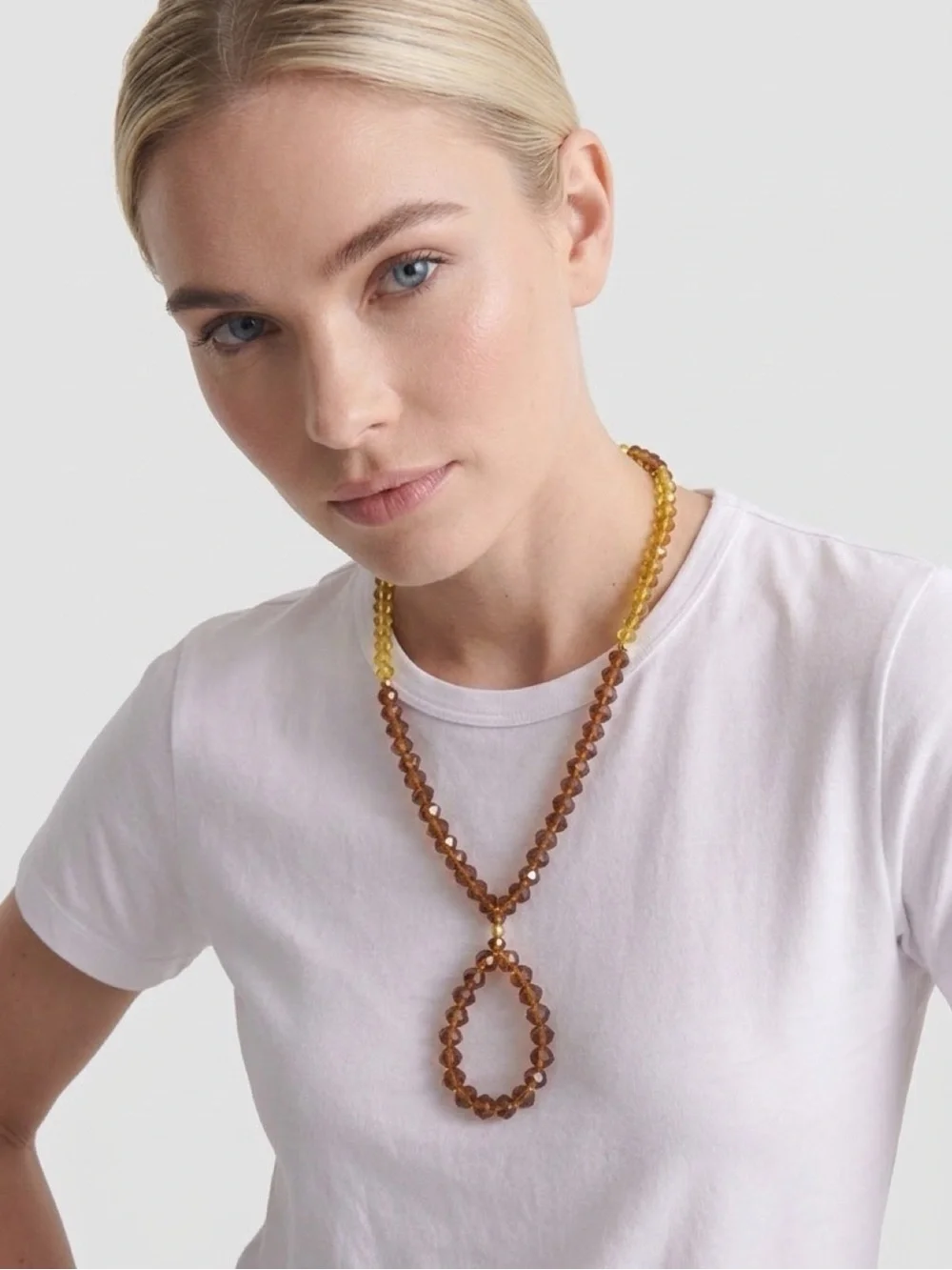 Amber Faceted Crystal Bead Statement Necklace Teardrop Shaped Drop Pendant 22